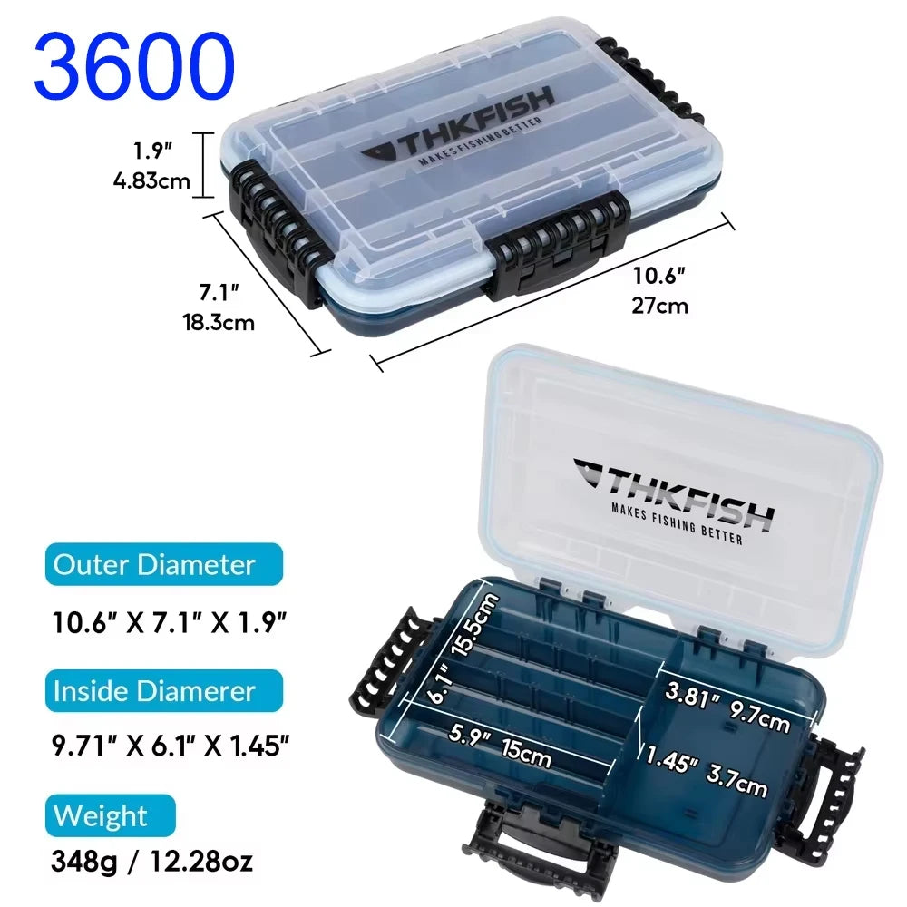 3600 waterproof fishing tackle box with dimension measurements displayed