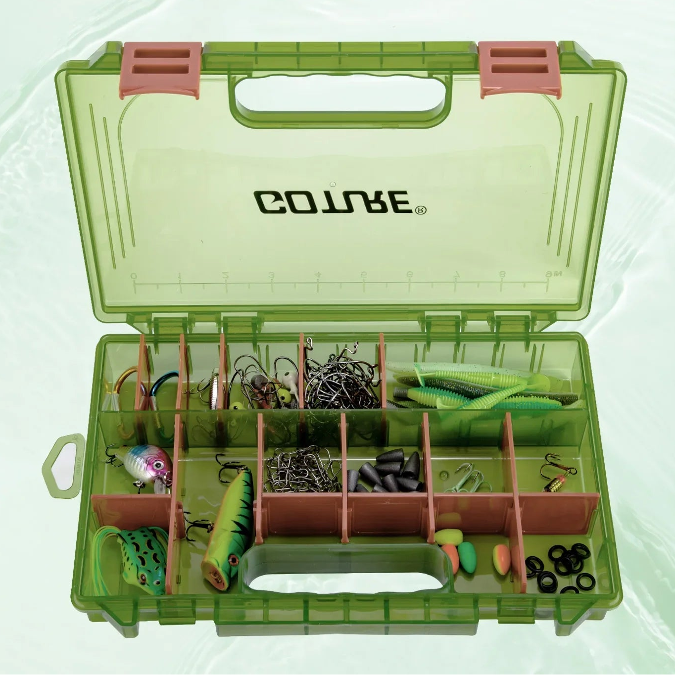 Open 3600 tackle box showing organised lure and terminal tackle storage