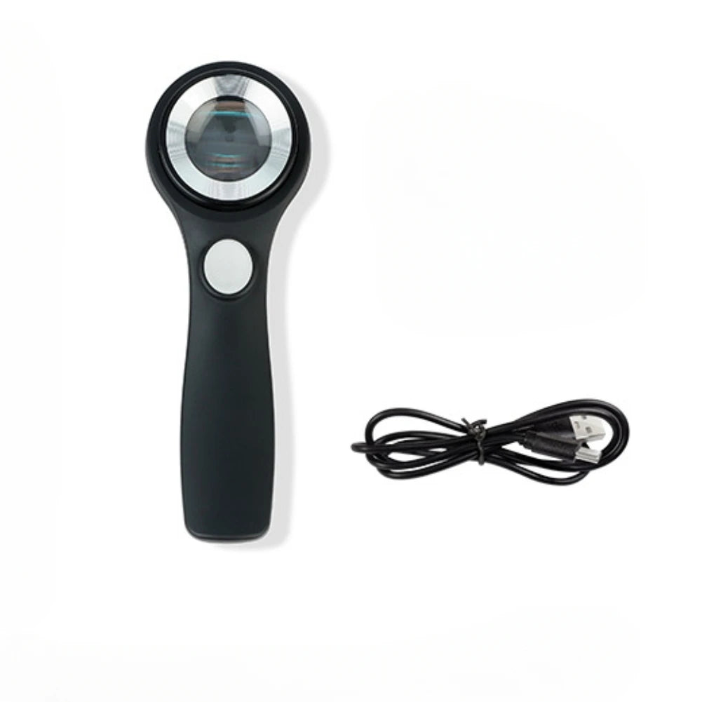 LED magnifier with matching USB charging cable shown beside it for portable outdoor use