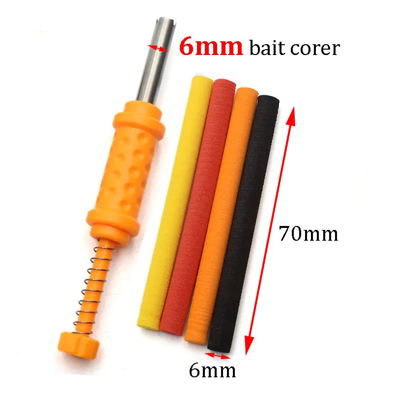 6 millimetre fishing bait corer with measurement guide and coloured foam sticks for bait rigs