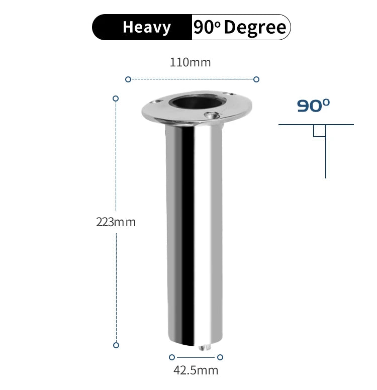Dimension chart for 90-degree stainless rod holder with drainage outlet