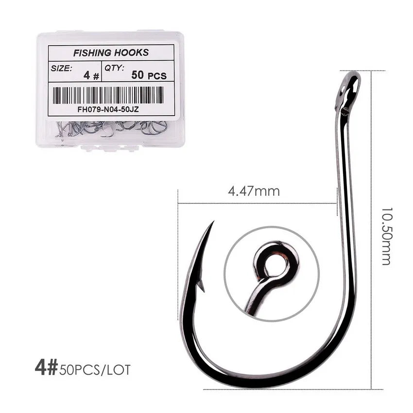 50PCS Circle Fishing Hook Set High Carbon Steel Offset Eye Barbed Hook for Saltwater Fishing