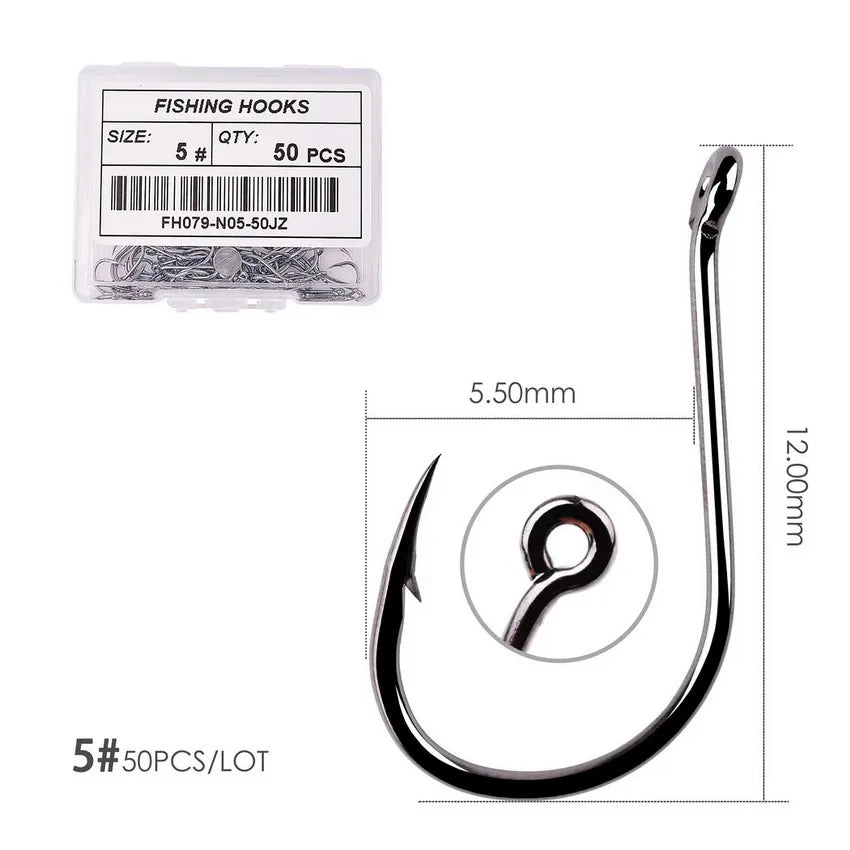 50PCS Circle Fishing Hook Set High Carbon Steel Offset Eye Barbed Hook for Saltwater Fishing