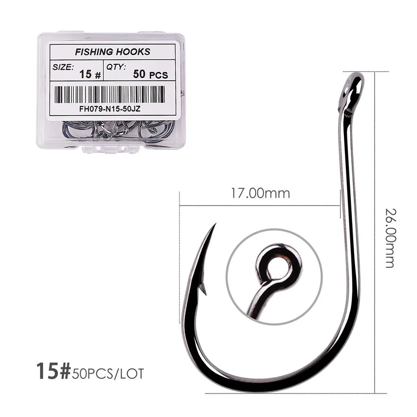 50PCS Circle Fishing Hook Set High Carbon Steel Offset Eye Barbed Hook for Saltwater Fishing