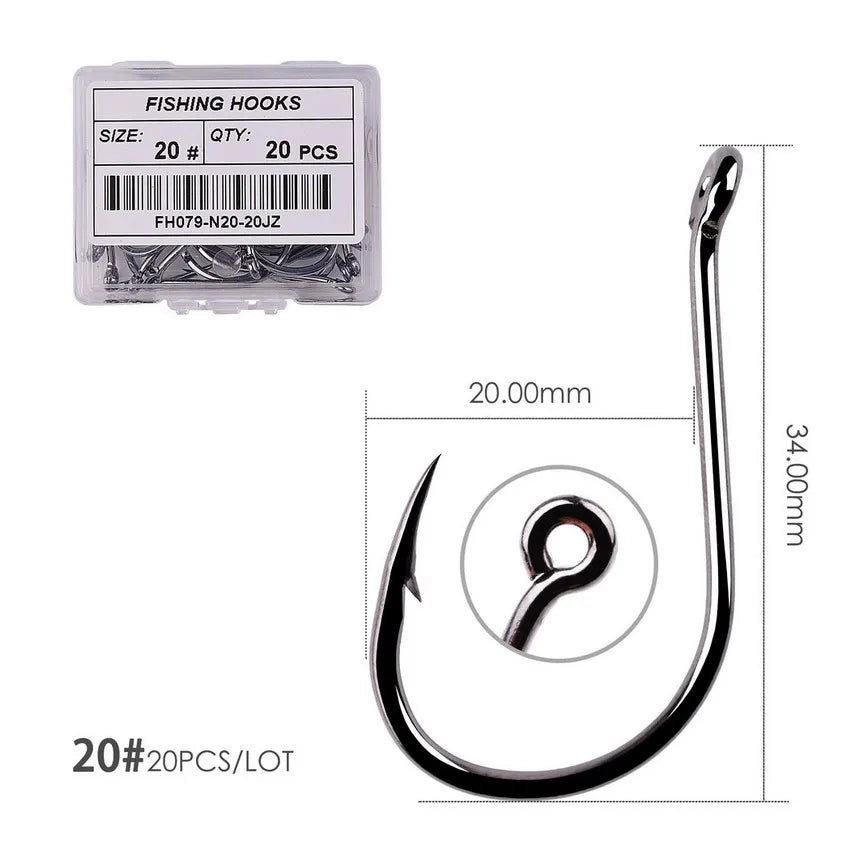 50PCS Circle Fishing Hook Set High Carbon Steel Offset Eye Barbed Hook for Saltwater Fishing