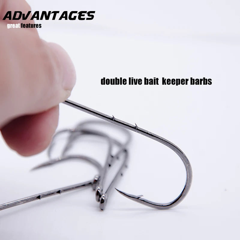 50PCS Long Shank Fishing Hooks – Double Bait Keeper Barbs High Carbon Steel Fishhooks
