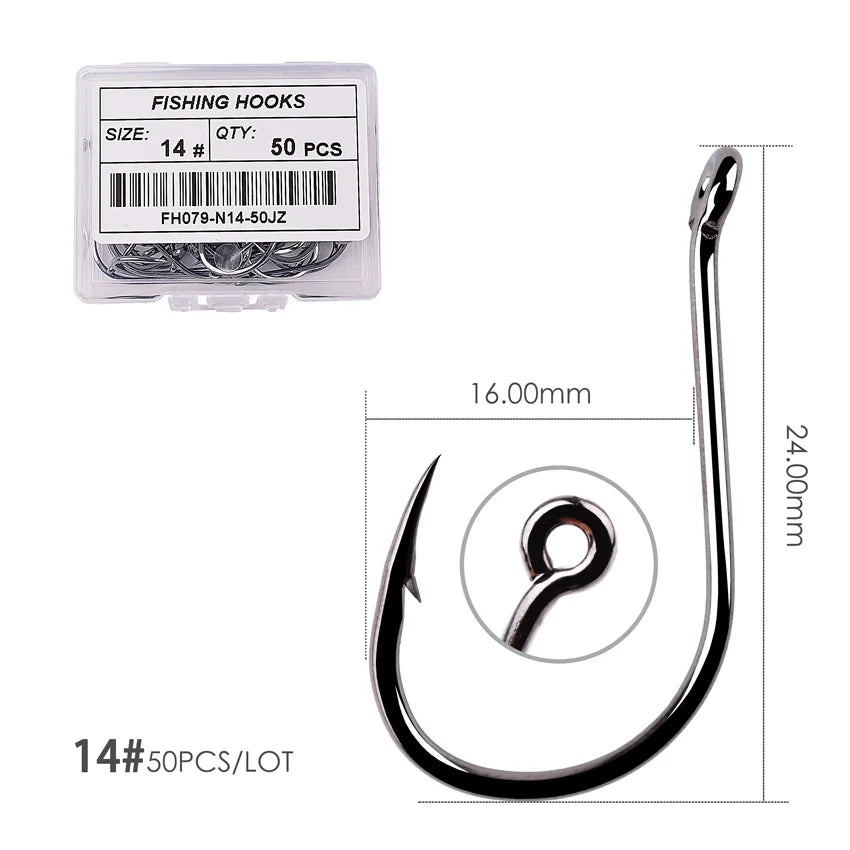 50PCS Circle Fishing Hook Set High Carbon Steel Offset Eye Barbed Hook for Saltwater Fishing