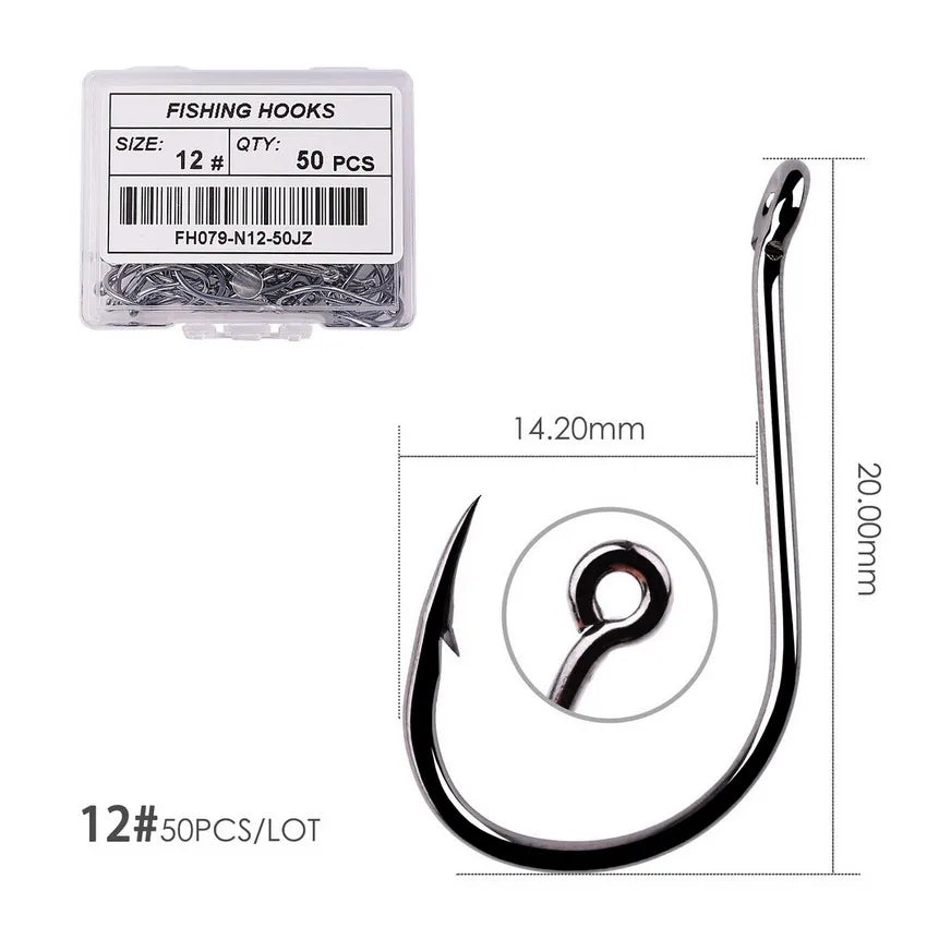 50PCS Circle Fishing Hook Set High Carbon Steel Offset Eye Barbed Hook for Saltwater Fishing