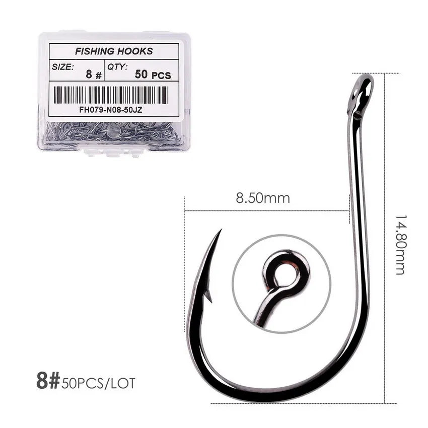 50PCS Circle Fishing Hook Set High Carbon Steel Offset Eye Barbed Hook for Saltwater Fishing