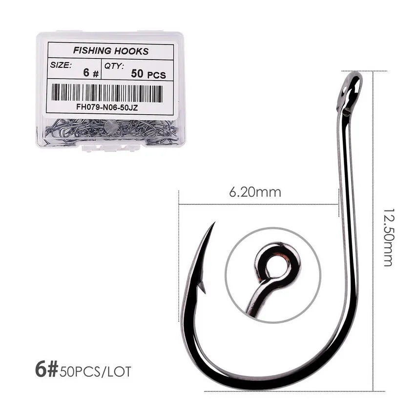50PCS Circle Fishing Hook Set High Carbon Steel Offset Eye Barbed Hook for Saltwater Fishing