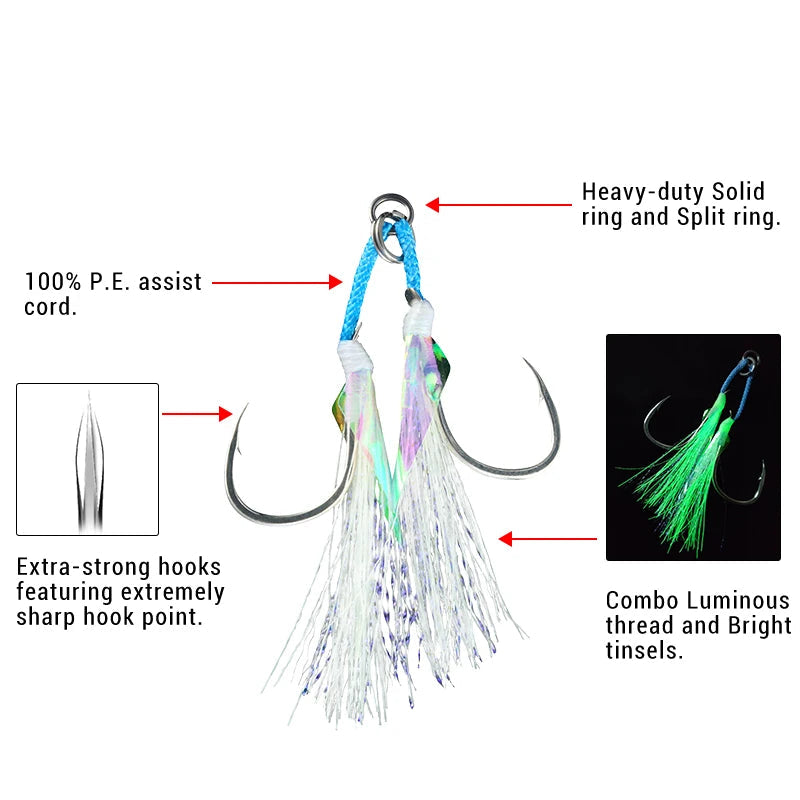 LAI-L Shore Jigging Light Assist Hook with Stainless Solid Ring - Glow Double Fishhook