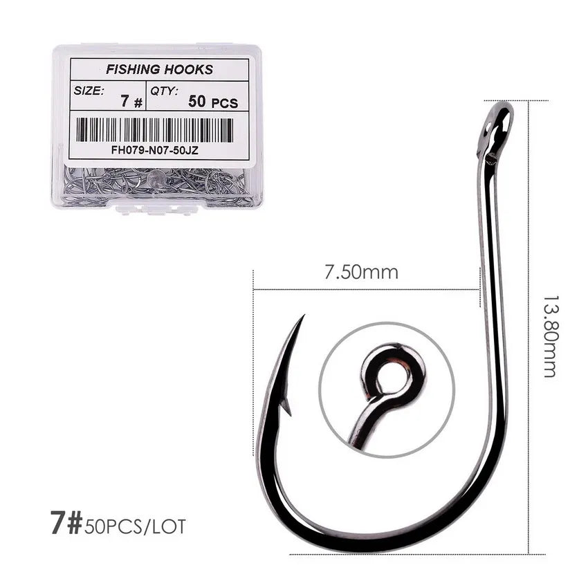 50PCS Circle Fishing Hook Set High Carbon Steel Offset Eye Barbed Hook for Saltwater Fishing
