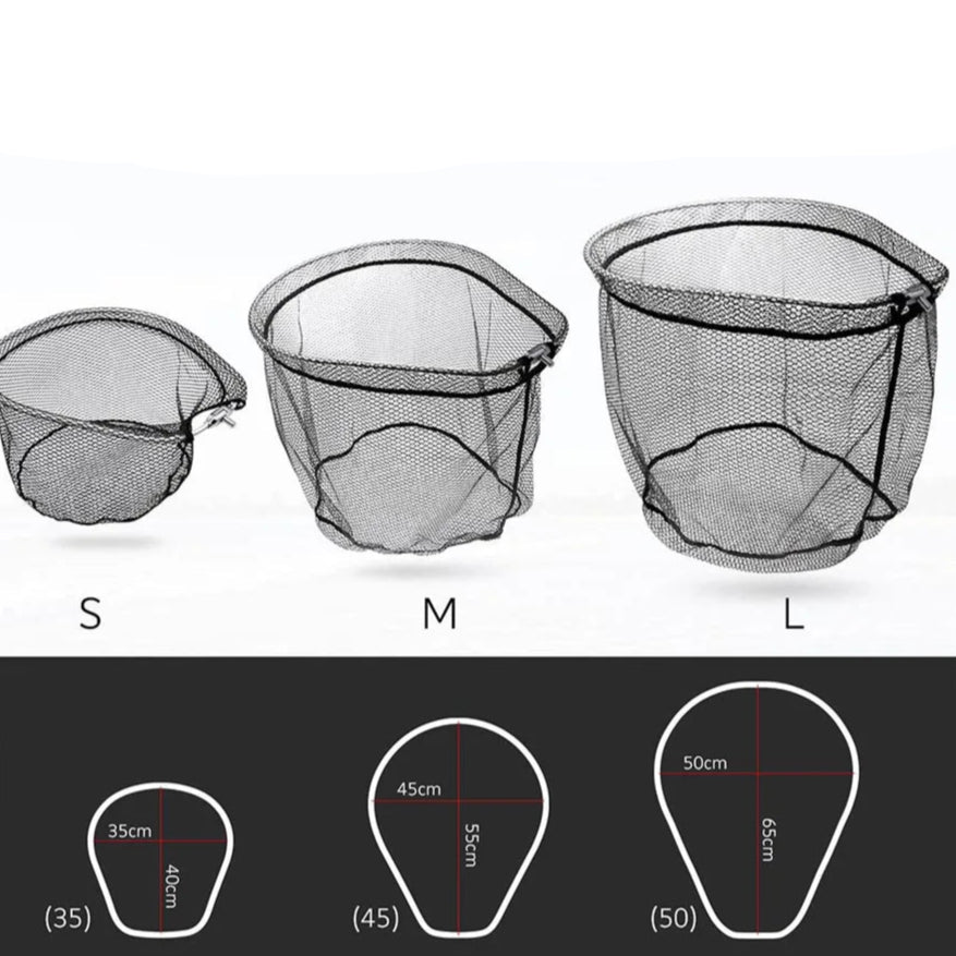 Sanlike fishing nets in small, medium, and large sizes with measurements on a black background.