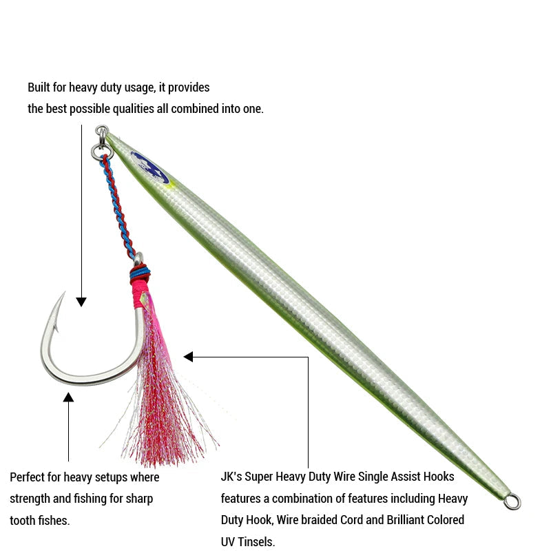 Fishing Super Heavy Duty Wire Single Assist Hooks - High Carbon 7x7 Stainless Steel Wire, 2PCS