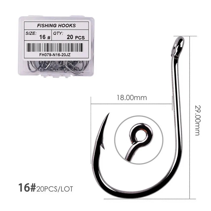 50PCS Circle Fishing Hook Set High Carbon Steel Offset Eye Barbed Hook for Saltwater Fishing