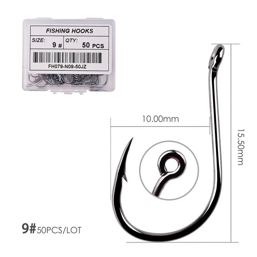 50PCS Circle Fishing Hook Set High Carbon Steel Offset Eye Barbed Hook for Saltwater Fishing