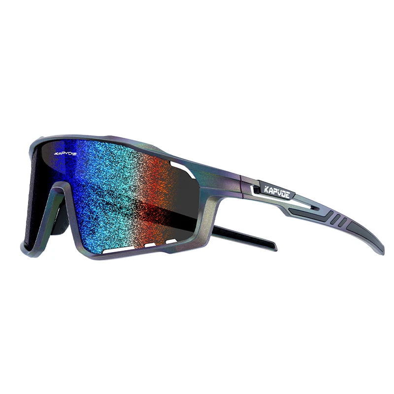 KAPVOE nano-tech cycling sunglasses with rainbow mirror UV400 lens and black TR-90 frame