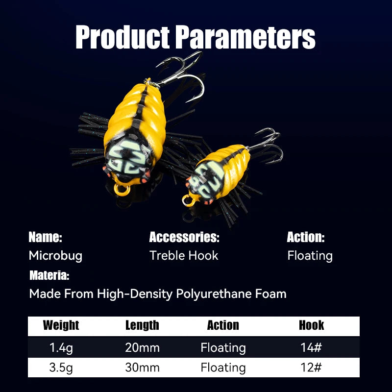 LEYDUN MicroBug Insect Fishing Lure – 20mm 1.4g & 30mm 3.5g Topwater Floating Bait Wobbler