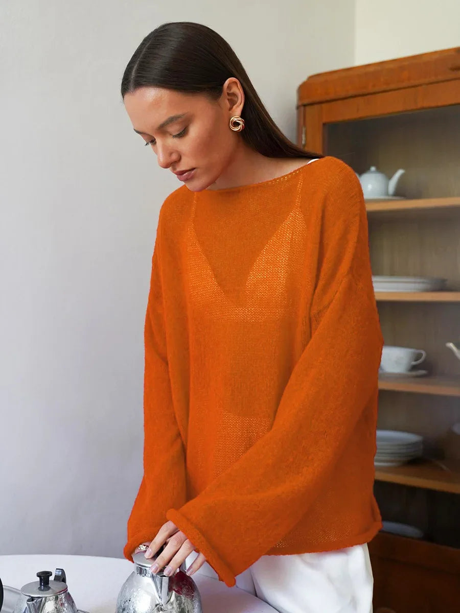 Women’s Hollow Knit O-Neck Sweater – Loose Casual Fit