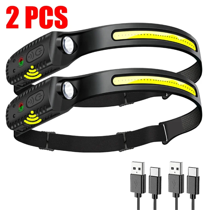 USB Sensor LED Headlamp with 230° Beam & Rechargeable Battery for Outdoors