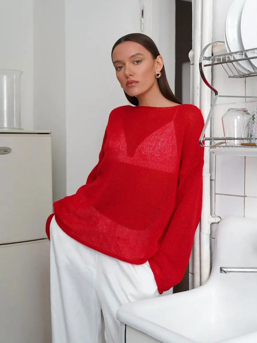 Women’s Hollow Knit O-Neck Sweater – Loose Casual Fit