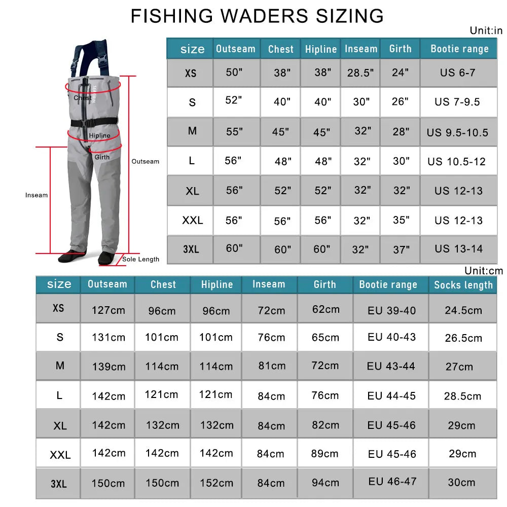 SEAKIRIN Breathable Zip-Front Chest Fishing Waders – Waterproof Stockingfoot Waders