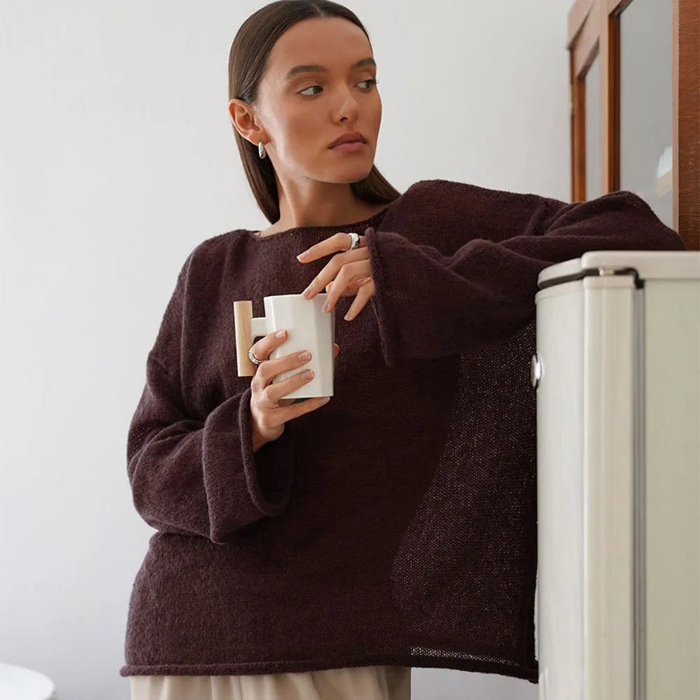 Women’s Hollow Knit O-Neck Sweater – Loose Casual Fit