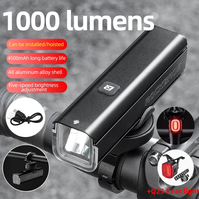 1000LM Rechargeable Bike Headlight with Type-C and 4500mAh Battery