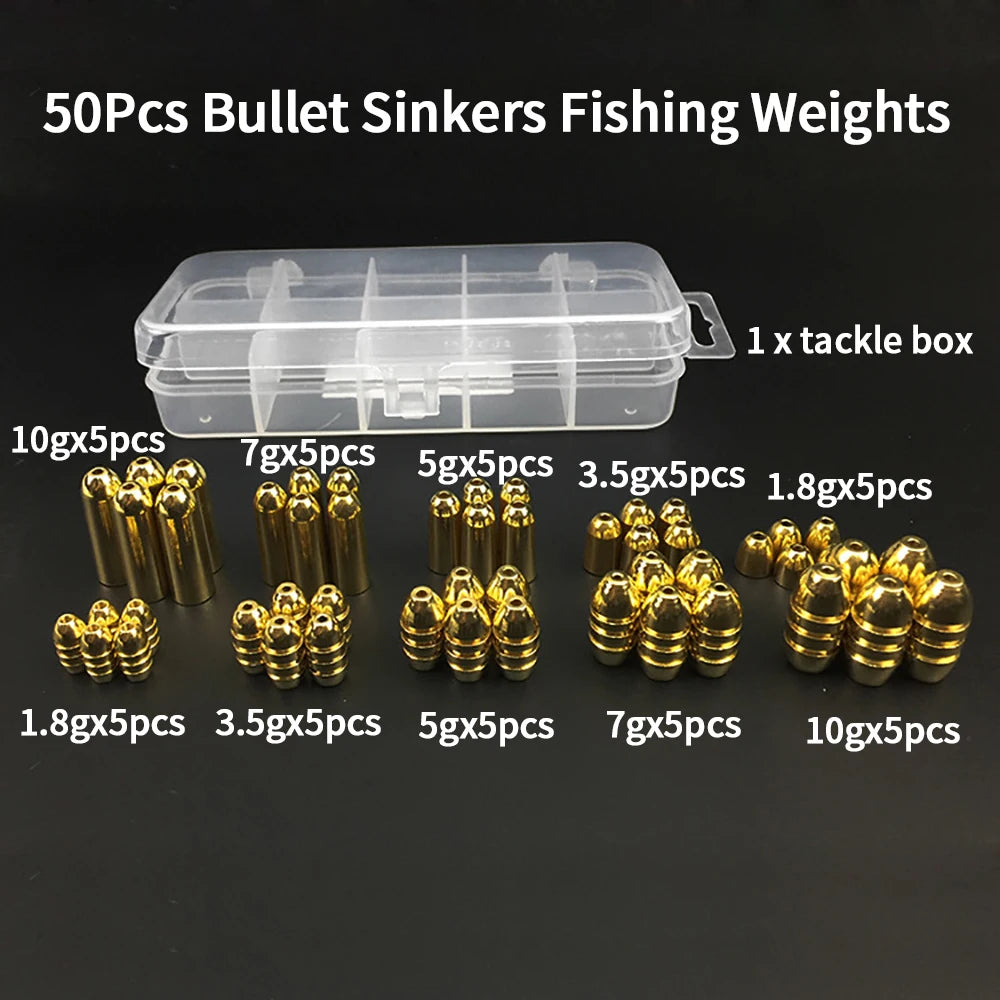 50PCS Brass Bullet Fishing Weights – Slip Sinkers for Texas & Carolina Rigs