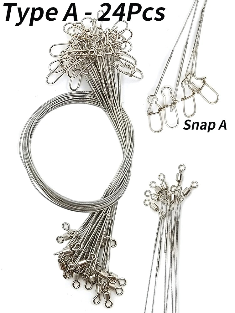 24PCS Anti Bite Steel Wire Fishing Line Leader with Swivel Double-Lock Snap – 15kg Tension