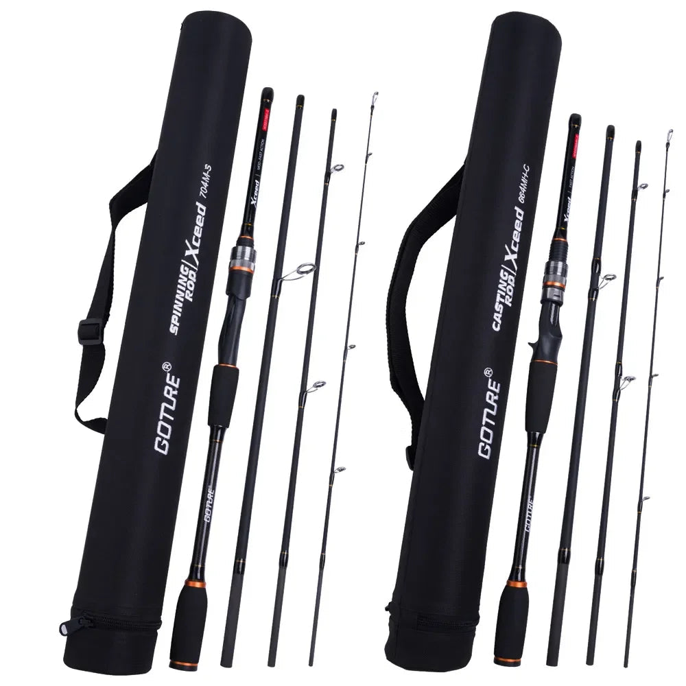 GOTURE XCEED carbon fibre travel fishing rods with tube cases showing four-section spinning and casting designs