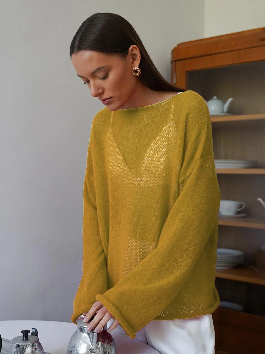 Women’s Hollow Knit O-Neck Sweater – Loose Casual Fit