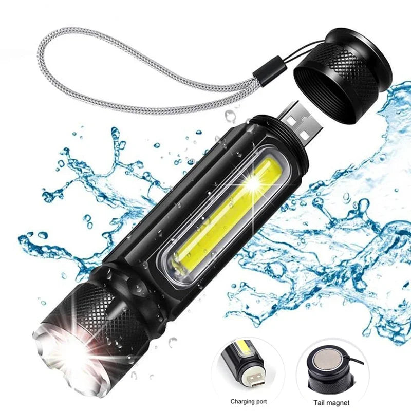 T6 USB Rechargeable Flashlight – Zoomable Torch with COB Light