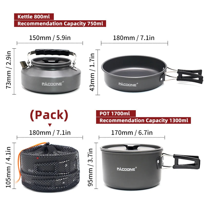 PACOONE Portable Camping Cookware Set – Lightweight Outdoor Pot, Pan & Kettle Kit for 2–3 People