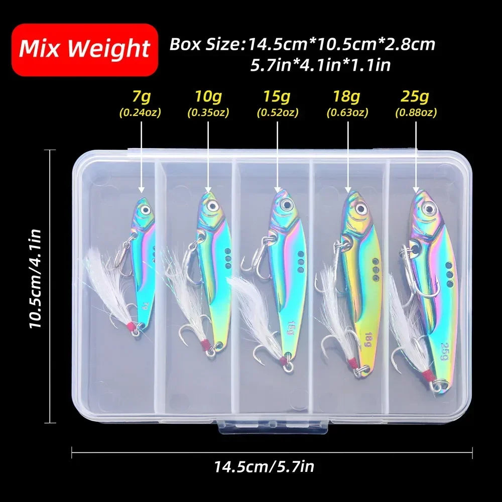 5PCS Metal Vib Blade Lure Set – Sinking Spinner Vibration Baits for Predatory Fish