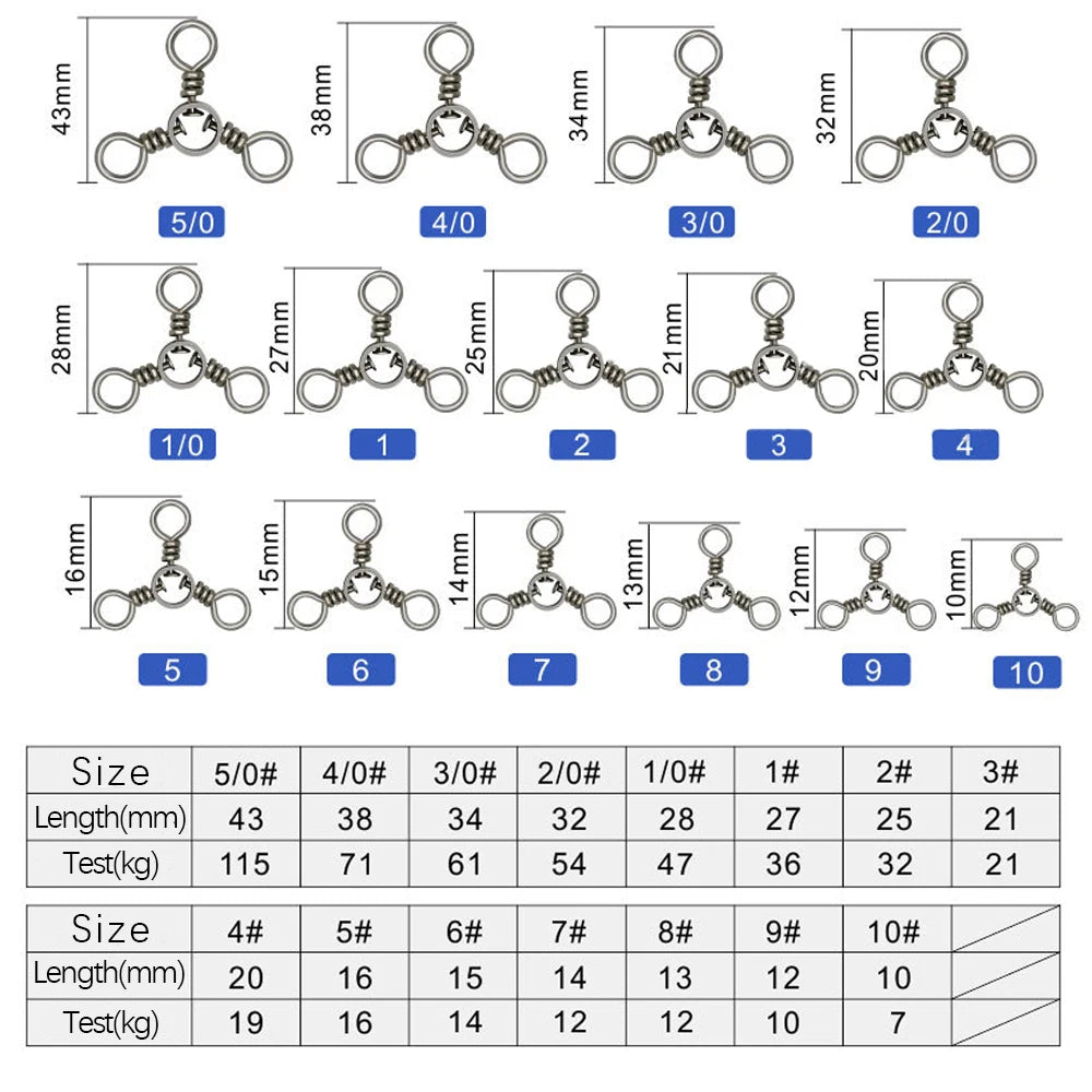 50PCS Fishing 3-Way Swivel Connectors – Durable Barrel Triple Swivels for Tackle Accessories