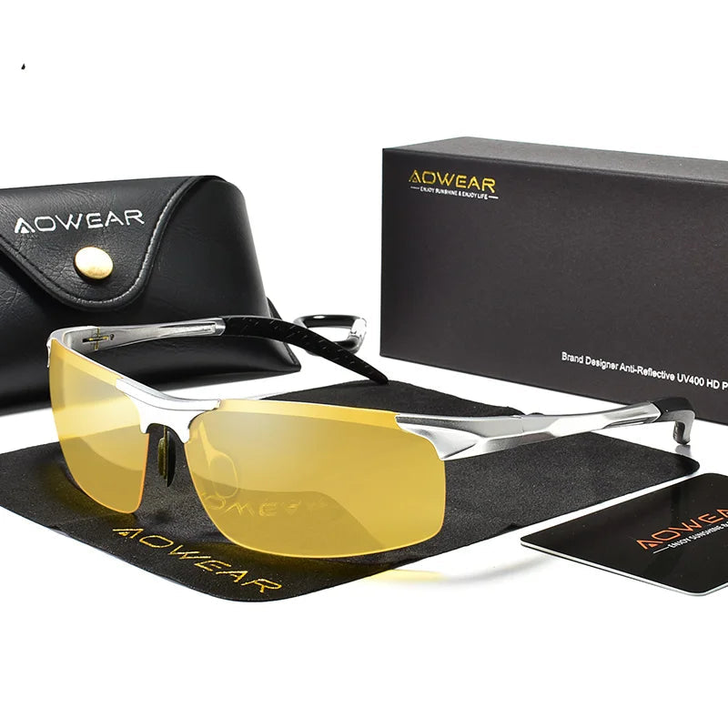 AOWEAR Night Driving Glasses – Polarised Rimless UV400 Anti-Glare Yellow Eyewear