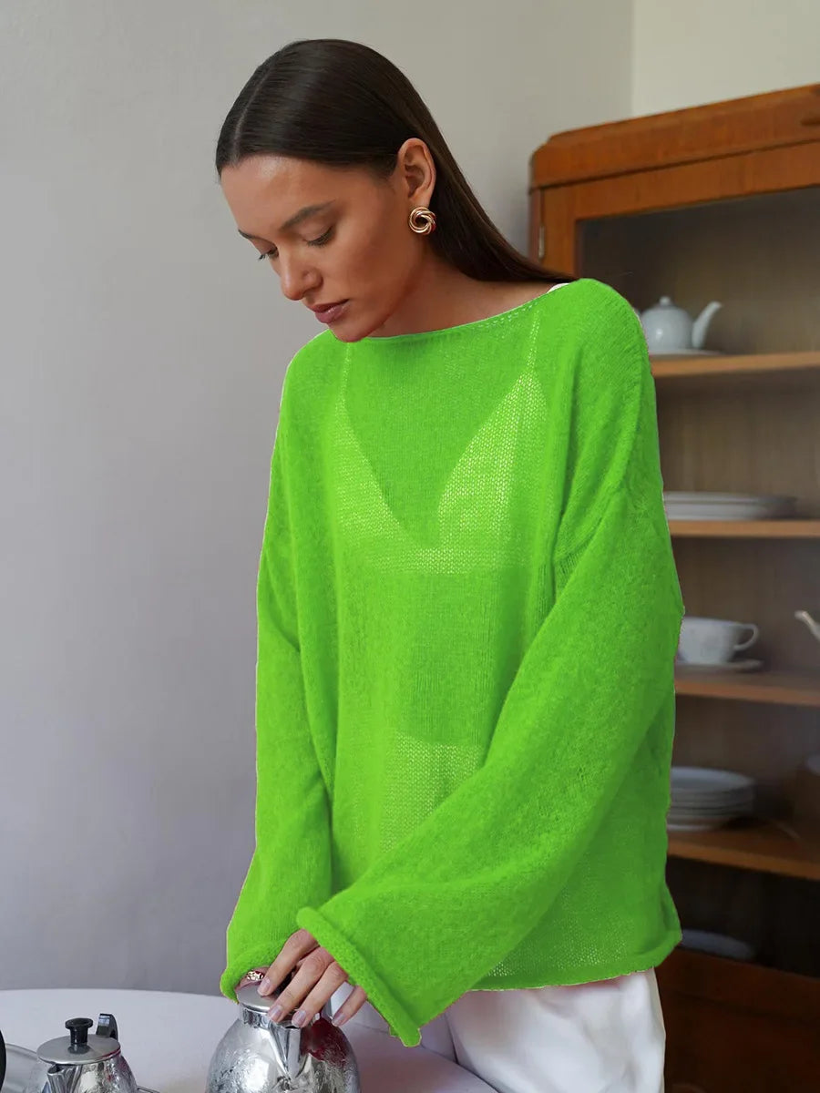 Women’s Hollow Knit O-Neck Sweater – Loose Casual Fit