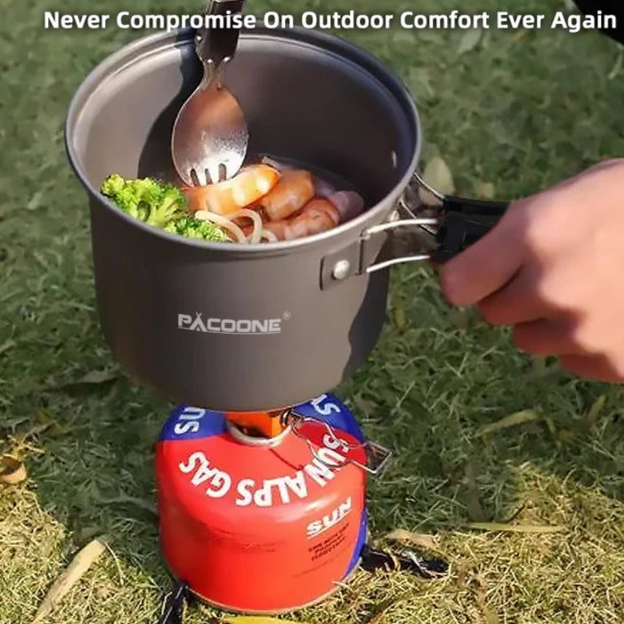 PACOONE Portable Camping Cookware Set – Lightweight Outdoor Pot, Pan & Kettle Kit for 2–3 People