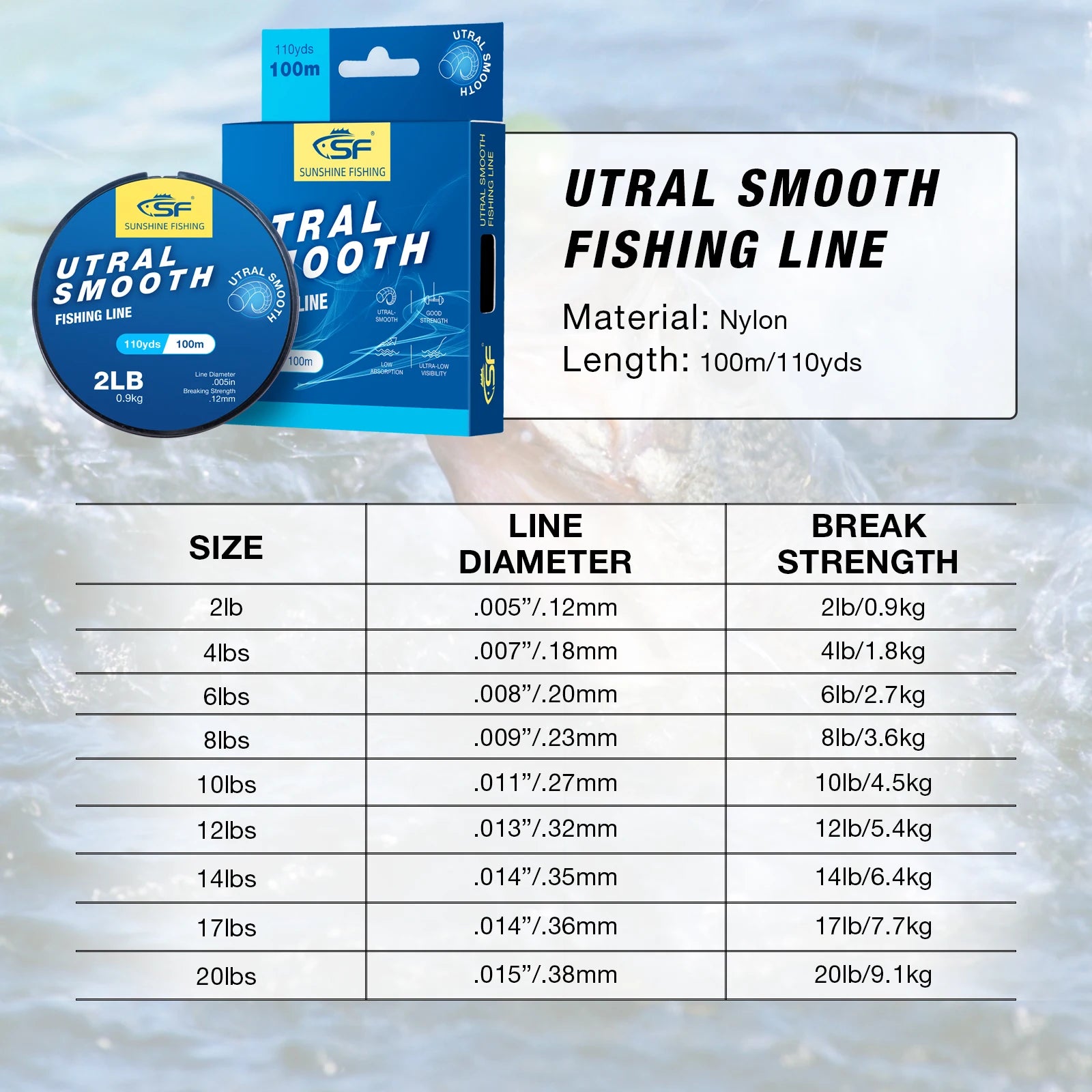 SF Monofilament Fishing Line 110YDS/330YDS – Clear Nylon, Ultra Smooth, 2-20LB for Freshwater