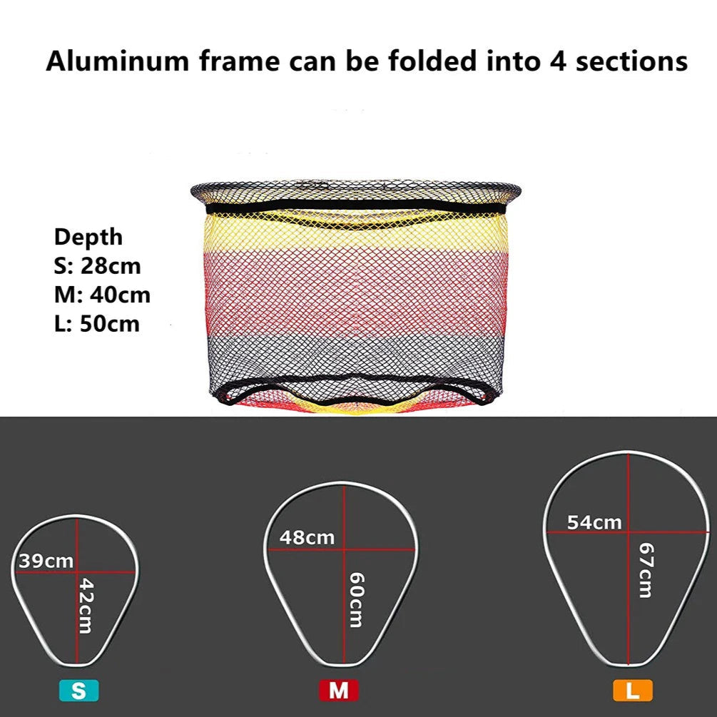 Fishing net with dimensions labeled and an aluminum frame folding into four sections.