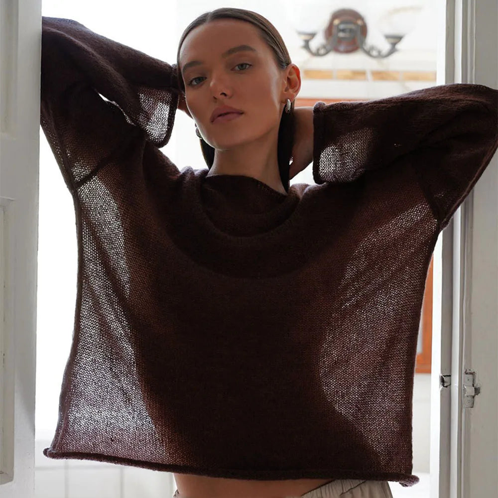 Women’s Hollow Knit O-Neck Sweater – Loose Casual Fit