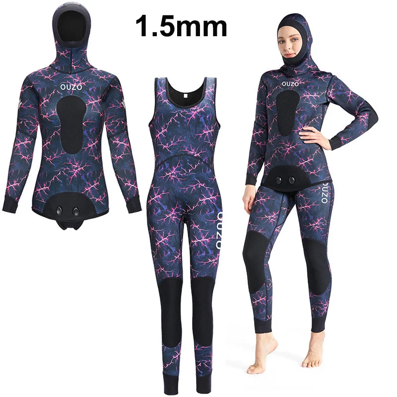 Women's Camo Spearfishing Wetsuit – 1.5mm/3mm Neoprene Two-Piece Diving Suit