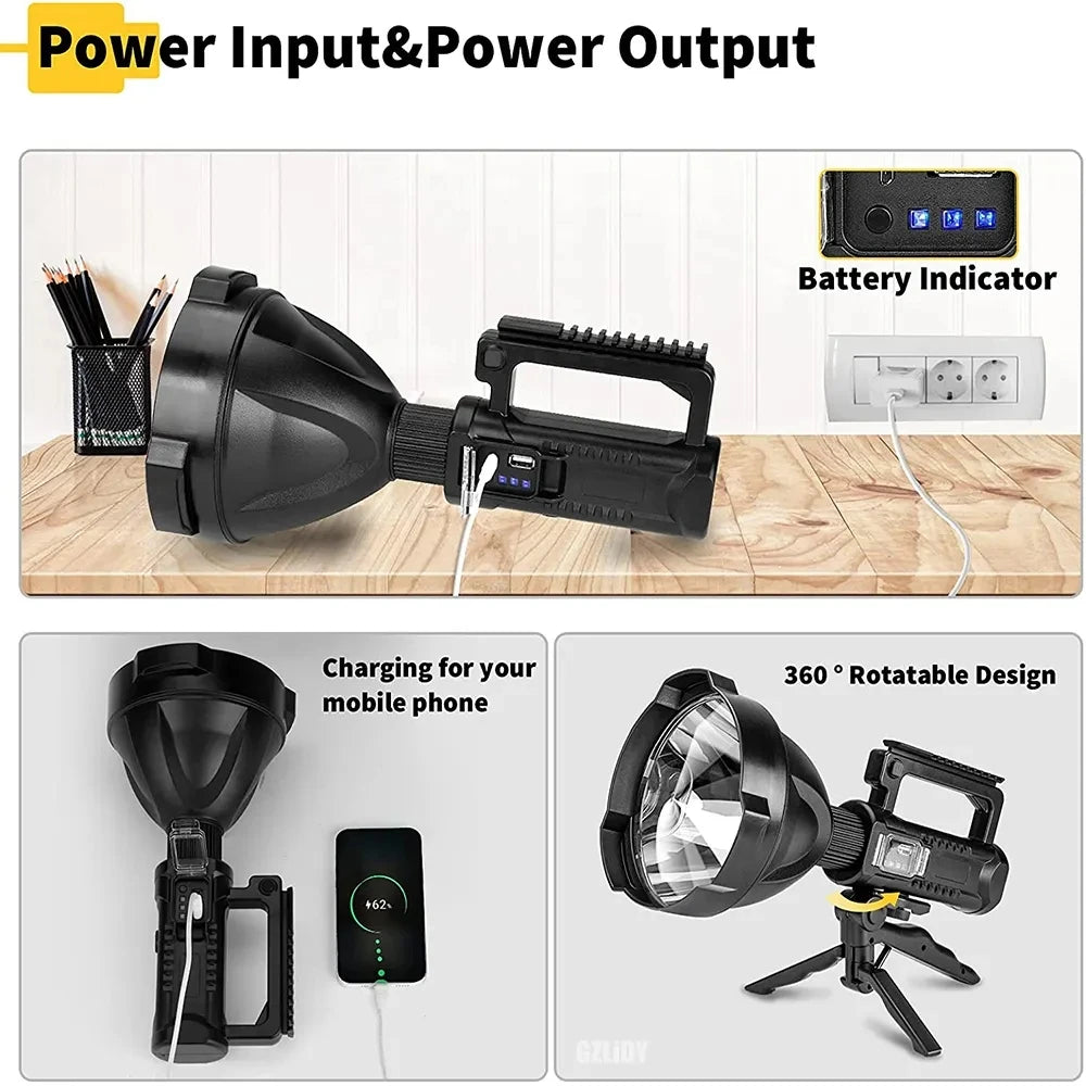 High Power LED Flashlight – Waterproof USB Rechargeable Camping Spotlight Lantern