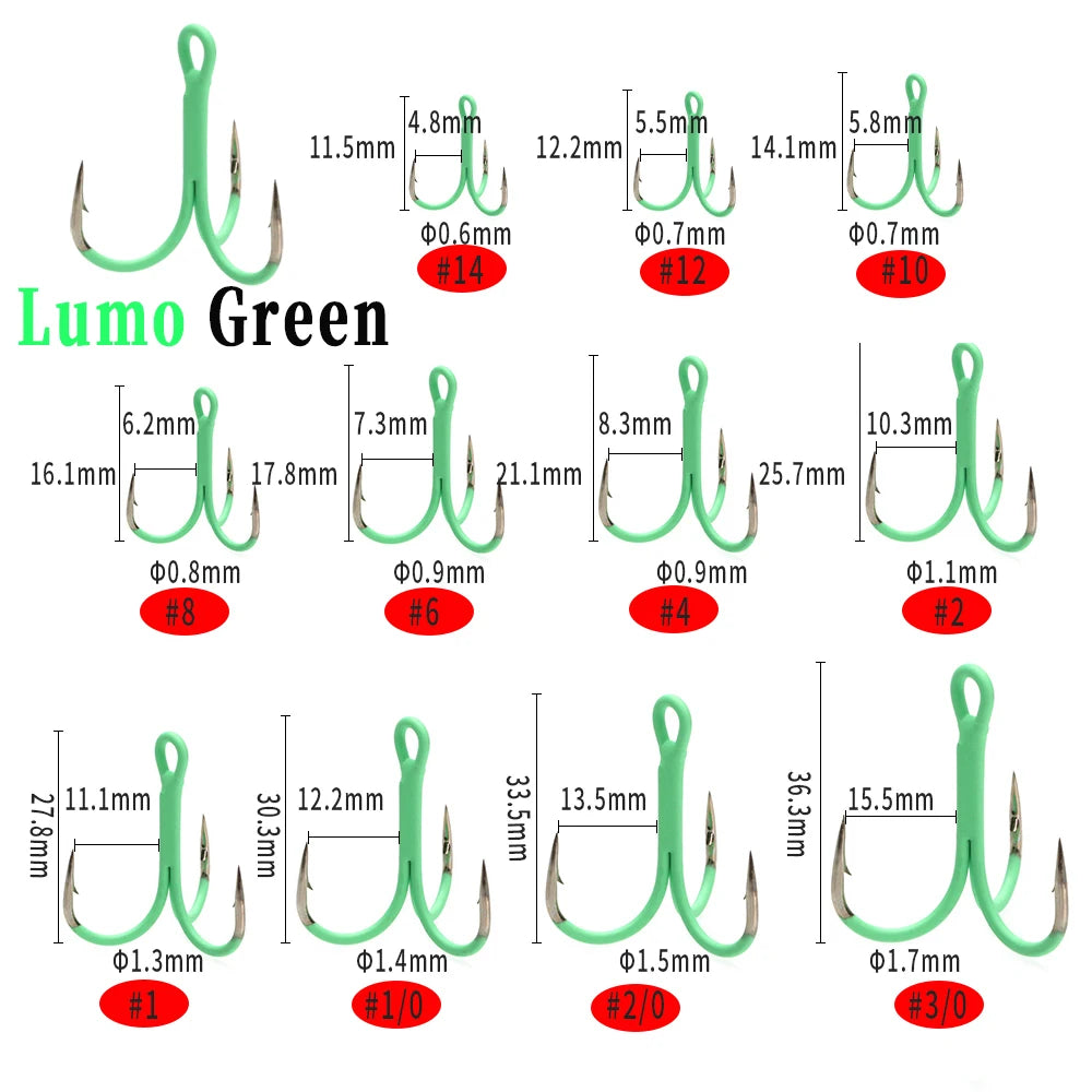 10PCS Luminous Fishing Treble Hooks – Sharp Barbed Triple Hooks for Sea & Freshwater Fishing