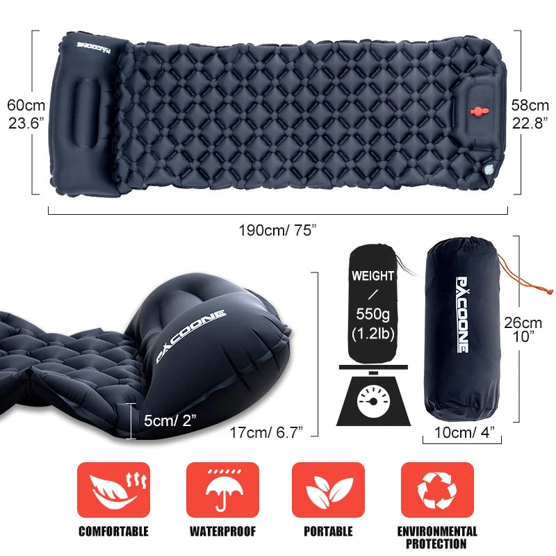 PACOONE Ultralight Inflatable Sleeping Pad with Pillow – Built-in Pump for Camping & Hiking
