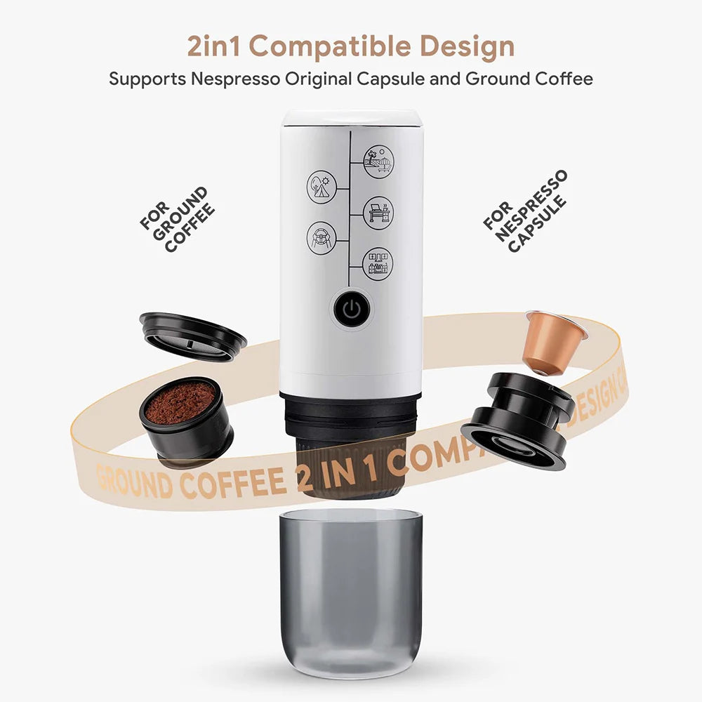 2-in-1 Portable Espresso Coffee Machine – Uses Ground Coffee & Capsules