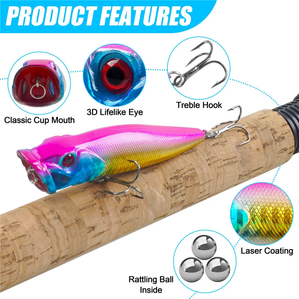 8PCS Popper Fishing Lures Topwater Rattle Floating Hard Baits