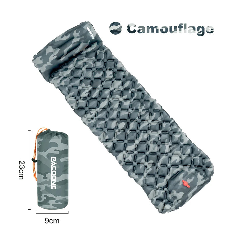 PACOONE Ultralight Inflatable Sleeping Pad with Pillow – Built-in Pump for Camping & Hiking