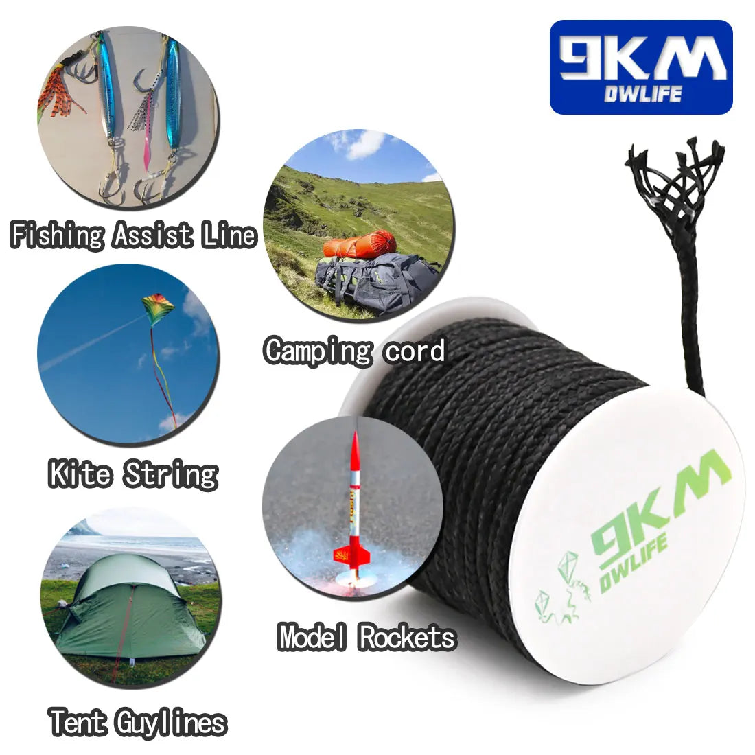 9KM DWLIFE Black Kevlar Braided Fishing Assist Line – High-Tensile, Cut-Resistant Tactical Cord